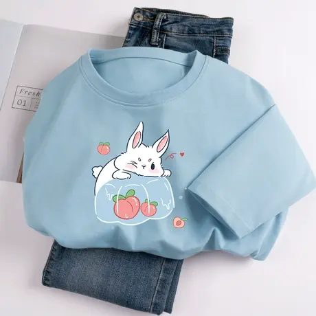 长袖上衣女2023秋季新款蓝色小兔上衣春秋宽松纯棉薄款女装打底衫商品大图