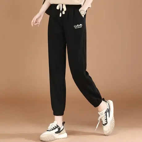 韩潮袭人松紧腰刺绣黑色休闲裤女2023秋季新款哈伦运动裤卫裤子图片