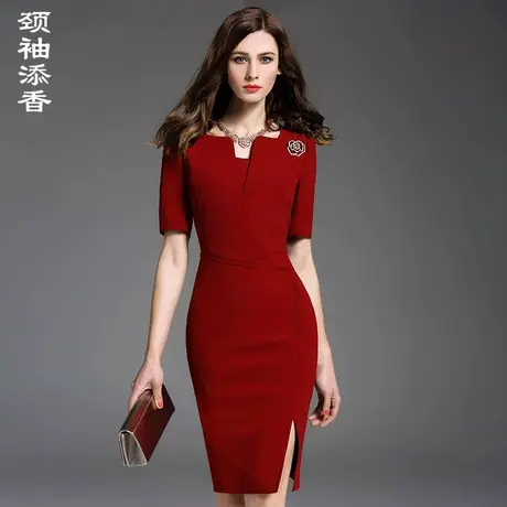 颈袖添香连衣裙女修身收腰包臀职业开叉秋季中长袖气质红色高级感图片