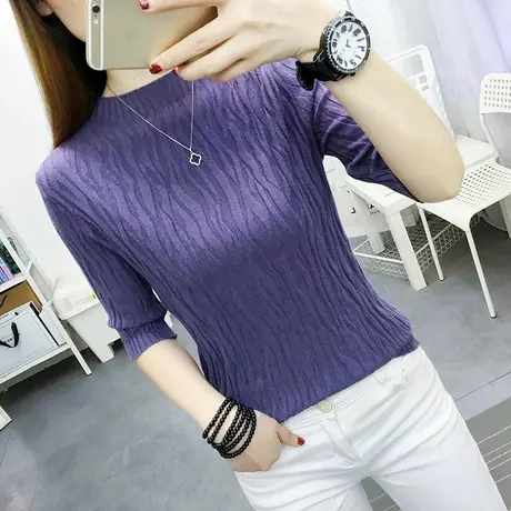 针织衫半袖t恤女2023春季新款中袖七分袖上衣修身薄款毛衣打底衫图片