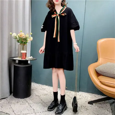 设计感系带短袖T恤裙女2022新款夏季网红宽松洋气减龄体恤连衣裙商品大图