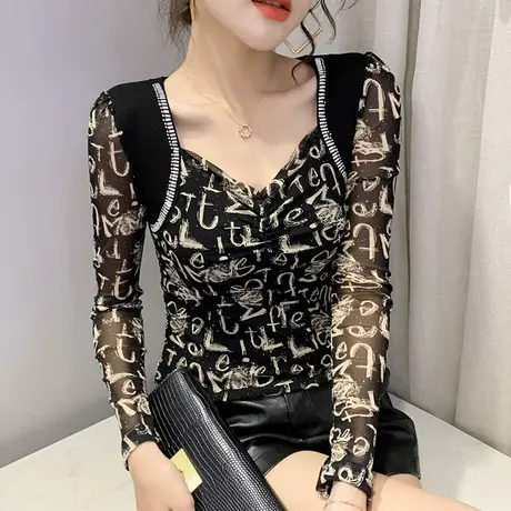 女装2023新款潮性感V领T恤时尚印花上衣修身百搭打底衫女长袖春秋商品大图