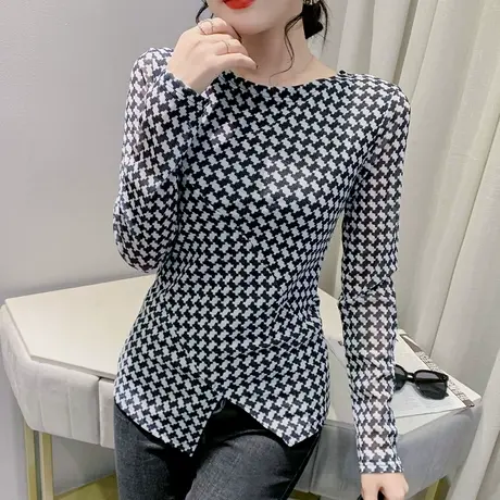 千鸟格网纱上衣女不规则开叉一字领长袖T恤内搭收腰打底衫春秋商品大图