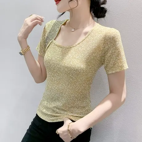 性感锁骨斜领T恤女短袖2023夏季新款时尚烫钻小衫漂亮印花上衣潮商品大图