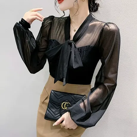 复古气质雪纺衫女长袖2023秋装新款性感网纱拼接上衣内搭打底衫潮图片