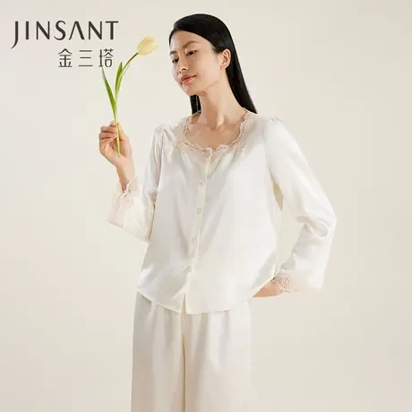 法式复古】真丝睡衣女士100%桑蚕丝春夏可外穿方领家居服套金三塔图片