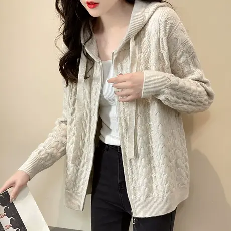 秋季新款2023年新款拉链针织连帽衫宽松韩版开衫麻花慵懒风外套女商品大图