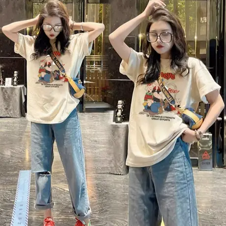 2023夏季新款爆款美式复古短袖t恤女欧货宽松纯棉百搭大版上衣ins商品大图