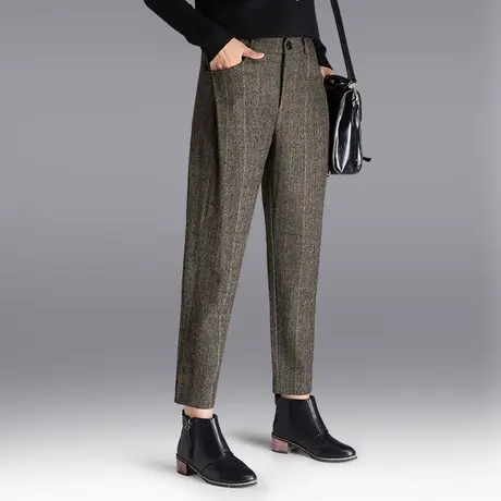 毛呢裤子女秋冬2023新款格子裤冬季九分萝卜哈伦裤羊毛女裤老爹裤图片