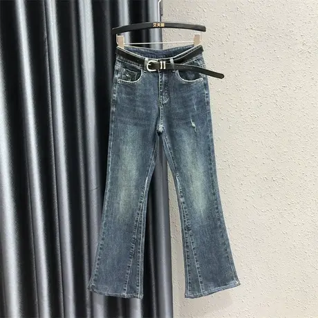 欧货蓝色设计感磨破牛仔微喇裤女2023秋季新款高腰显瘦喇叭裤长裤图片