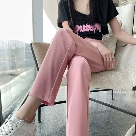 粉色西装裤女2023年春夏薄款高腰宽松显瘦九分小个子窄版直筒裤潮图片