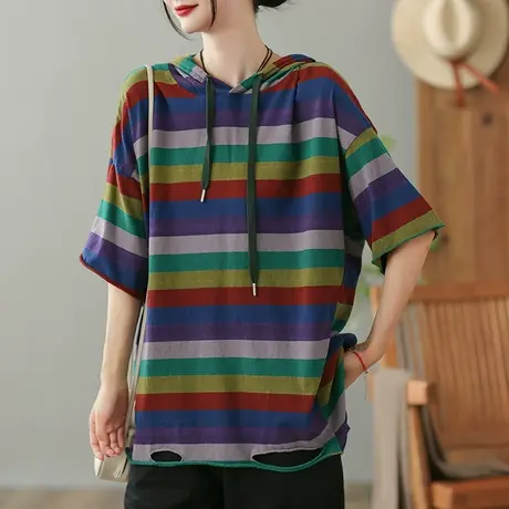 dza纯棉连帽条纹T恤女2023夏季薄款破洞打底体恤宽松外搭套头上衣商品大图