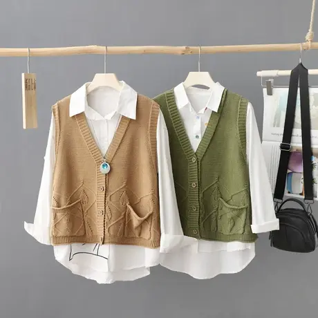 秋装新款复古文艺宽松线衣马甲毛背心女外套无袖宽松针织开衫马夹图片