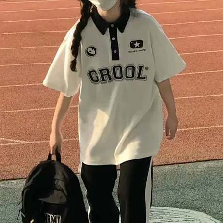 美式复古polo衫短袖t恤女夏季宽松设计感小众chic港味上衣服ins潮商品大图