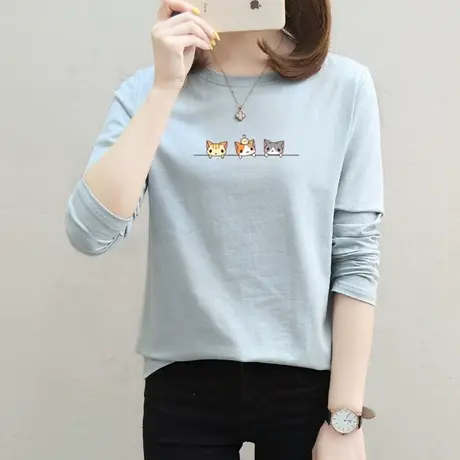 2件69】纯棉长袖t恤女宽松学生大码上衣2023年春装新款体恤打底衫图片