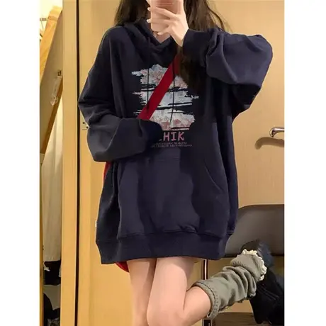 美式复古oversize潮牌卫衣女春秋薄款宽松韩版慵懒风上衣连帽外套商品大图