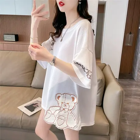 设计感小众华夫格短袖t恤女夏装韩版宽松大码中长款小熊半袖上衣图片
