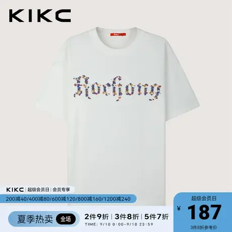 kikct恤男2023春夏新款商场同款花卉刺绣宽松休闲情侣款白色短袖图片