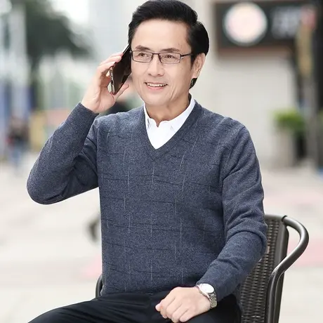 中年男士毛衣V领春秋季加厚款内搭针织羊毛打底衫鸡心领老人上衣图片