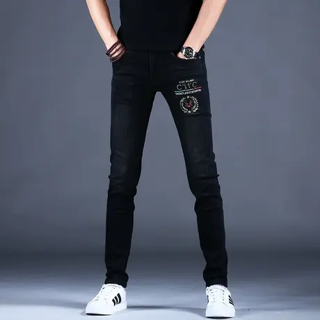 灰黑色刺绣牛仔裤男款修身小脚裤子百搭2023新款轻奢高端潮牌弹力商品大图