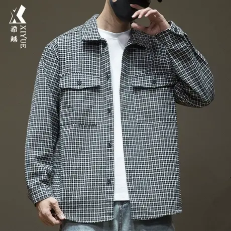 希越日系千鸟格翻领衬衫男秋季宽松大码胖子加肥加大落肩工装夹克商品大图