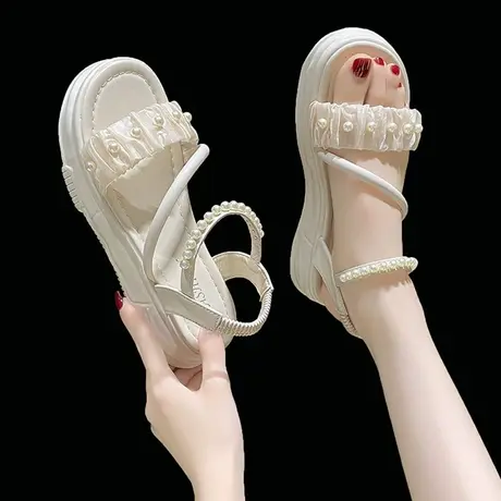 温柔珍珠厚底仙女风凉鞋女配裙子2023年夏季新款时尚百搭罗马鞋潮商品大图