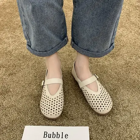 2023春季新款软皮镂空单鞋女平底鞋休闲复古百搭舒适软底洞洞凉鞋商品大图