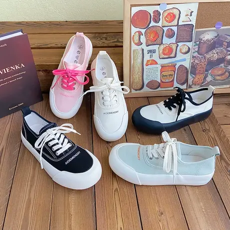 2023夏季新款系带方头帆布休闲鞋女透气平底潮运动休闲学生小白鞋商品大图