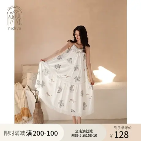 妮狄娅新款睡衣睡裙女夏季纯棉吊带卡通甜美雪纺边时尚家居服长裙商品大图