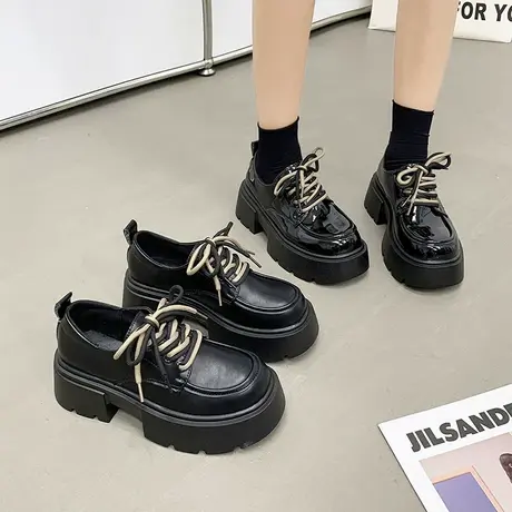 厚底乐福鞋女2024春秋季新款法式复古气质单鞋防滑粗跟黑色小皮鞋图片