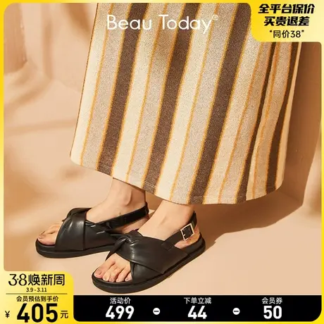 BeauToday罗马凉鞋女新款2024夏季BT真皮黑色平底鞋交叉凉鞋外穿图片