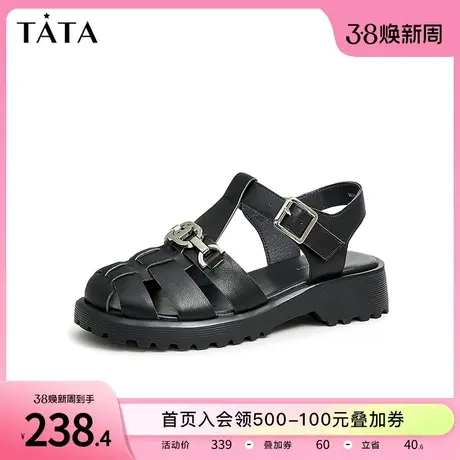 Tata他她牛皮猪笼鞋女平底包头罗马凉鞋女2023年夏季新款WRW04BL3商品大图