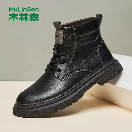木林森马丁靴男新款秋冬季加绒真皮英伦风复古男士运动休闲工装靴商品大图