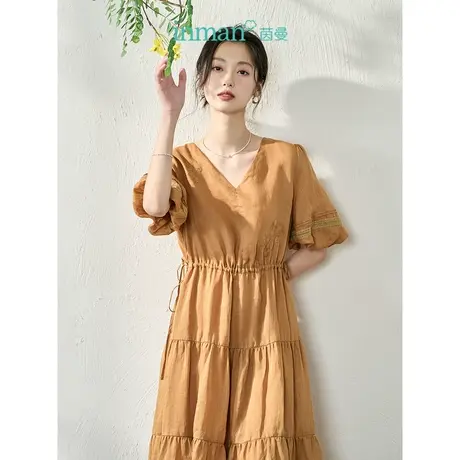 【商场同款】茵曼气质优雅灯笼袖连衣裙2023夏季女装新款V领长裙商品大图