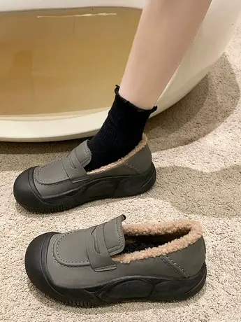 爆款一脚蹬防滑加绒休闲鞋女2023秋冬季新款厚底单鞋软底妈妈棉鞋商品大图