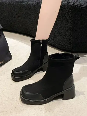 粗跟短靴女2024新款秋冬加绒绒面弹力靴高跟鞋女靴子瘦瘦靴马丁靴图片