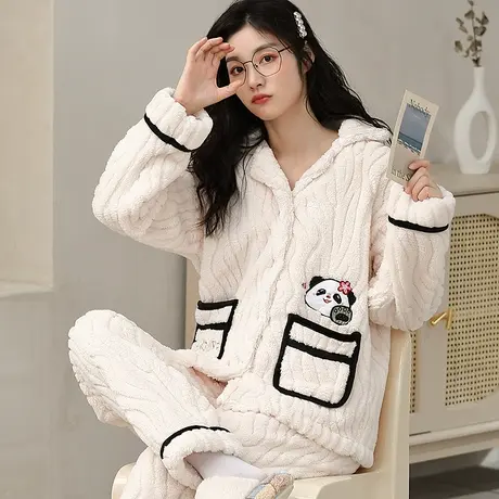 南极人珊瑚绒睡衣女士加厚加绒秋冬季法兰绒家居服套装2023年新款商品大图