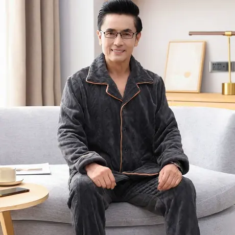 珊瑚绒男士睡衣秋冬季大码长袖中老年爸爸家居服套装新款法兰绒图片