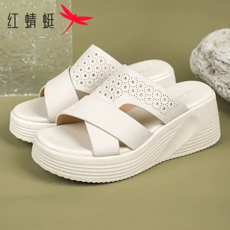 红蜻蜓拖鞋女2025夏季新款真皮厚底坡跟一字拖舒适休闲高跟凉拖鞋商品大图