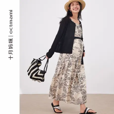 十月妈咪孕妇连衣裙2025新款夏季薄款宽松遮肚撞色飘带吊带裙夏装商品大图
