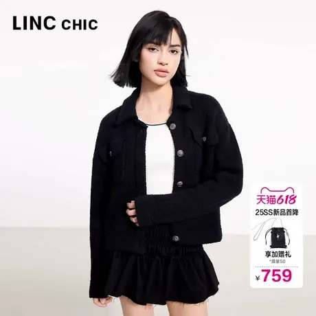 LINC金羽杰春季上衣2025新款女小香风外套翻领毛织开衫外套CR028Y商品大图