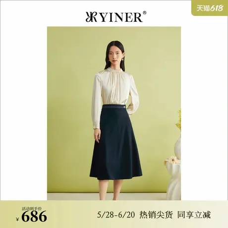 YINER音儿专选女装春季优雅收褶蚕丝真丝衬衫上衣商品大图