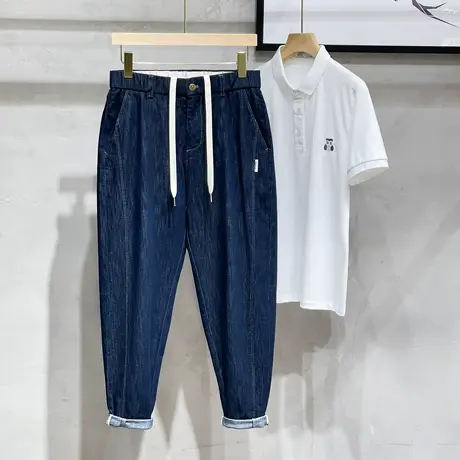 丹宁普洗牛仔裤男士夏季薄款潮牌宽松日系休闲直筒九分裤蓝色裤子图片