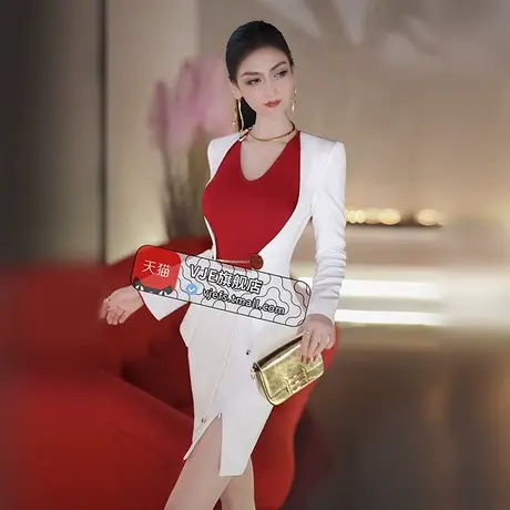 VJE早秋收腰OL上衣开衩包臀裙两件套2023秋季小众女神范职业套装图片