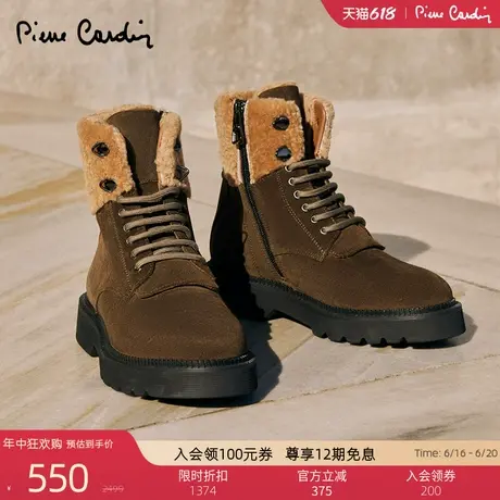 Pierre Cardin/皮尔卡丹蓬松羊羔毛拼接真皮马丁靴加绒保暖女靴商品大图