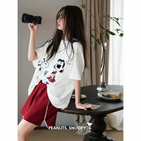 贝妍凉感纯棉睡衣女夏薄款圆领短袖家居服可爱史努比少女休闲套装商品大图
