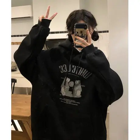 大码oversize炸街连帽卫衣宽松bf慵懒风复古chic秋冬加绒外套女潮商品大图