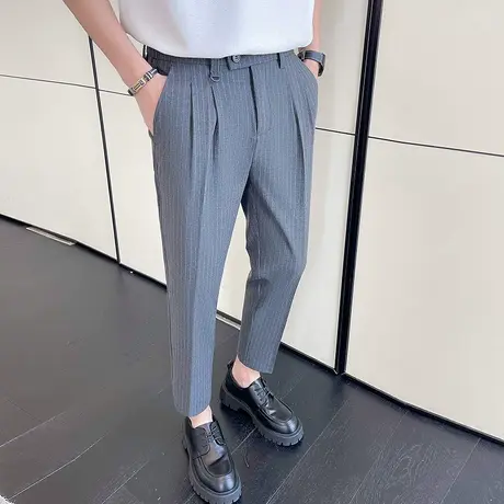 西装裤男9分夏季薄款冰丝九分裤男士松紧弹力腰围显瘦条纹休闲裤图片