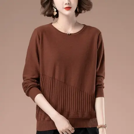 针织打底衫女秋冬加肥加大码女装宽松中年妈妈纯棉圆领薄款毛衣女图片