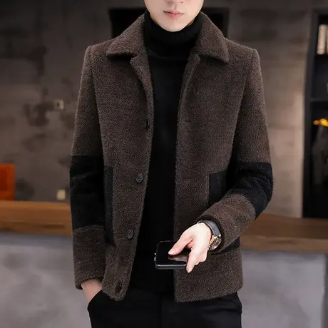 秋冬季金貂绒夹克男韩版潮流帅气短款毛呢风衣外套男装加厚上衣服商品大图